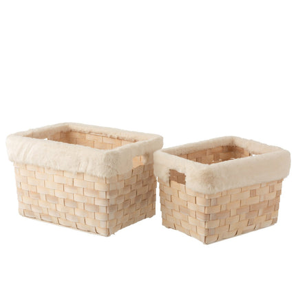 J-Line set of 2 rectangular baskets - faux fur/rattan - natural/white