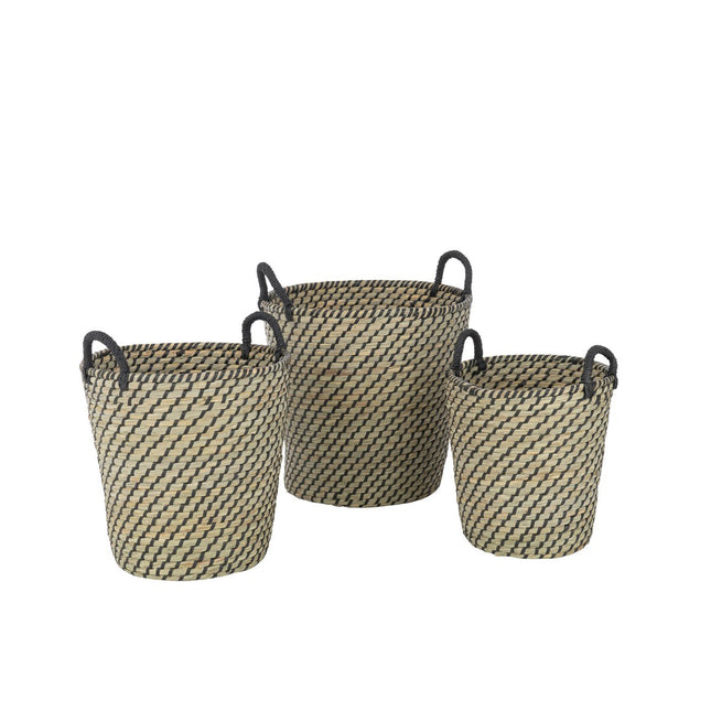 J-Line Set of 3 Basket Round Handles Straw Natural/Black
