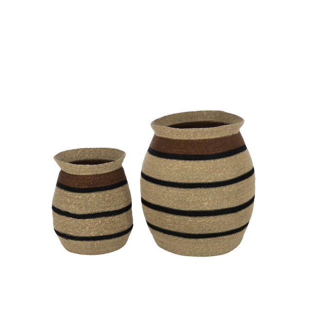 J-Line Set of 2 Baskets Round Striped Marie Seagrass Brown Black