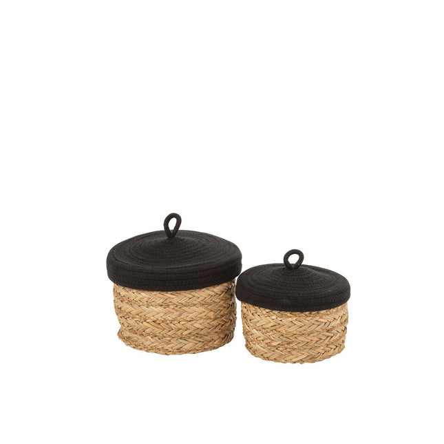 J-Line set of 2 baskets + lid Round - grass/cotton - natural/black
