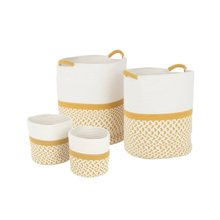 J-Line Set of 4 Spool Basket Round Patterns Textile White/Orange
