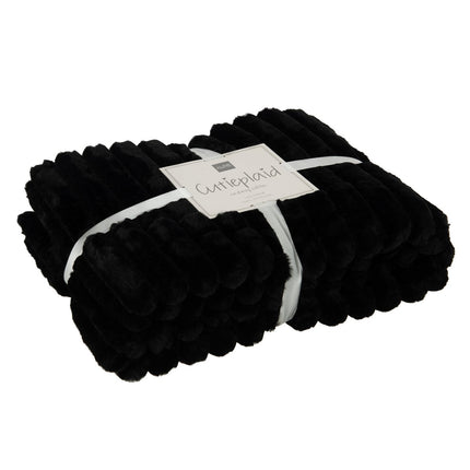 J-Line Plaid corduroy - polyester - zwart - 180 x 130 cm