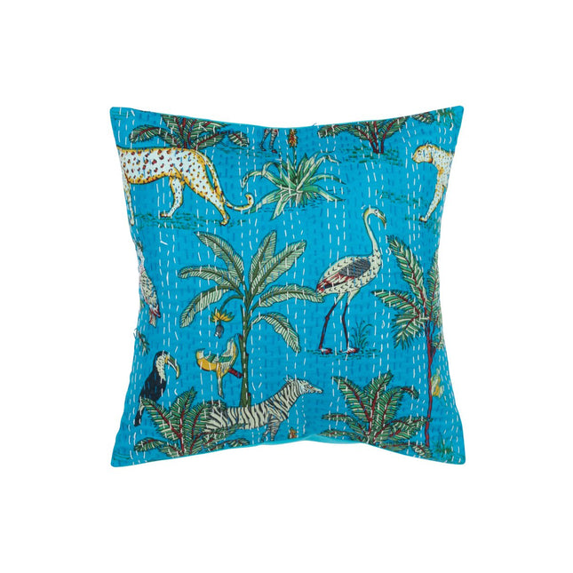 J-Line Cushion Exotic Animals/Plants Cotton Blue