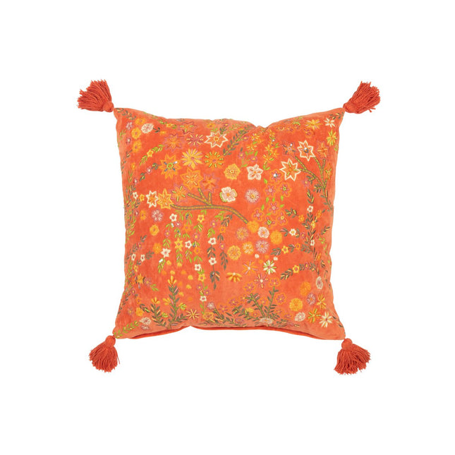 J-Line Cushion Square Flowers + Tassels - velvet - orange