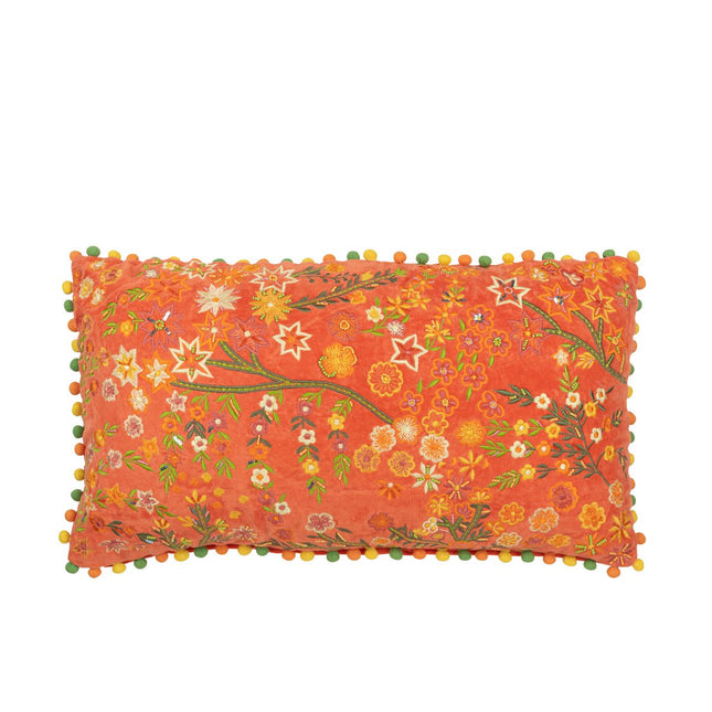 J-Line Cushion Rectangle Flowers + Pompoms - velvet - orange