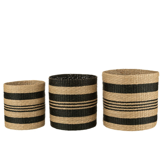 J-Line Set of 3 Baskets Striped Seagrass Black