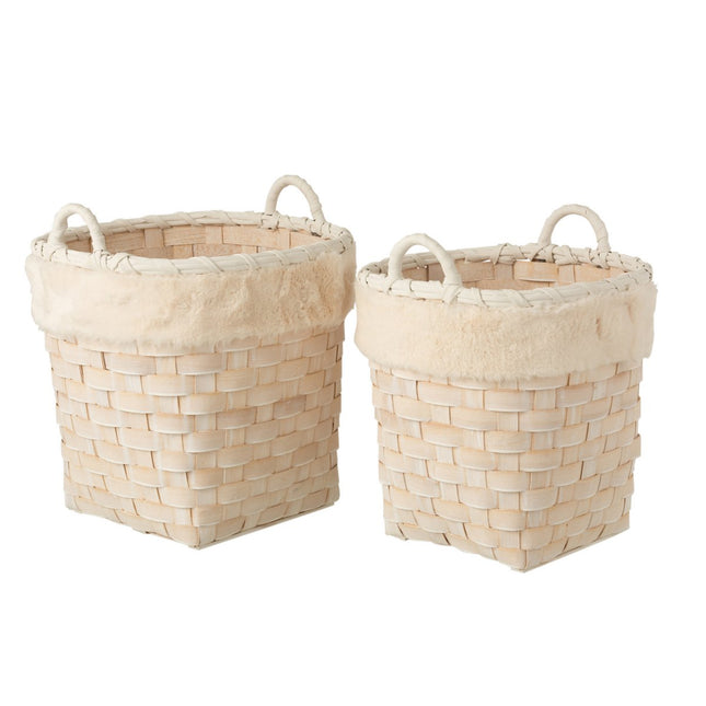 J-Line set of 2 baskets round - faux fur/rattan - natural/cream