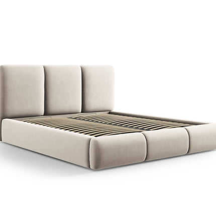 Velvet bed with storage and headboard, Nicolas, light beige
