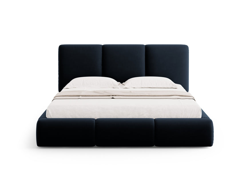 Velvet bed with storage space and headboard, Nicolas, dark blue