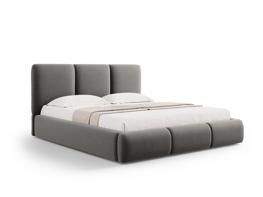 Velvet bed with storage and headboard, Nicolas, light gray 1