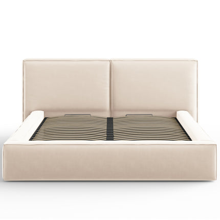 Velvet bed with storage space and headboard, Arendal, .5, light beige