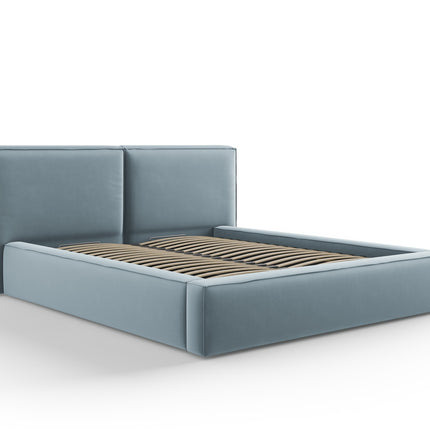 Velvet bed with storage space and headboard, Arendal, .5, light blue