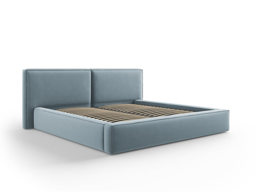 Velvet bed with storage space and headboard, Arendal, .5, light blue