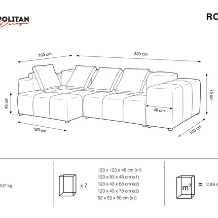 Velvet modular reversible corner sofa, Rome, 4-seater, yellow