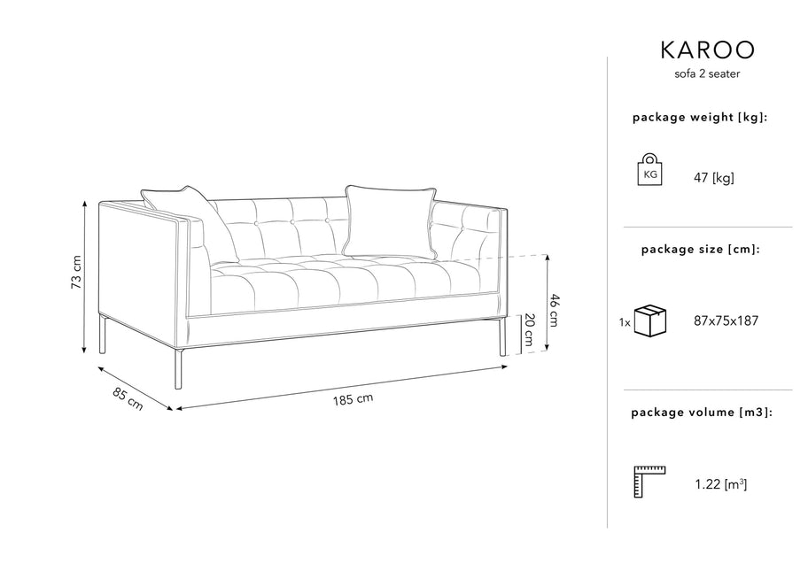 Velvet sofa, Karoo, 2 seats - Royal blue