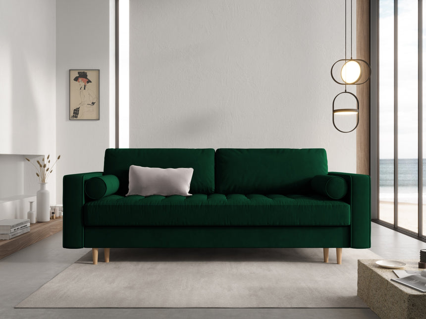 Velvet sofa with bed function and box, Gobi, 3 seats - Bottle green