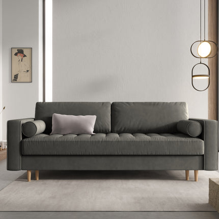 Velvet sofa with bed function and box, Gobi, 3 seats - Dark gray
