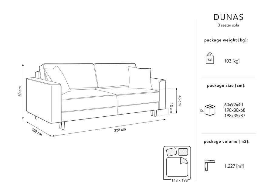 Sofa with bed function and box, Dunas, 3 seats - Black