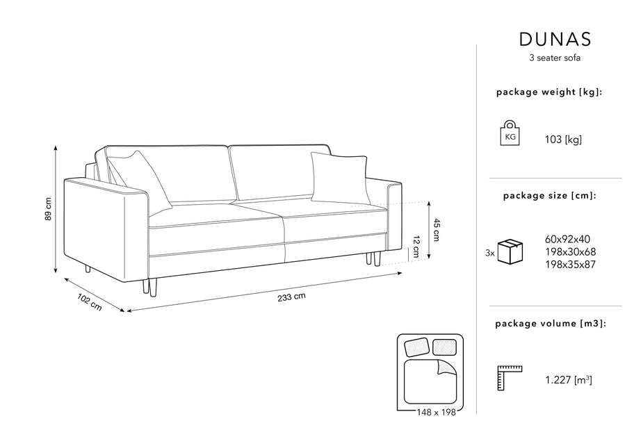 Sofa with bed function and box, Dunas, 3 seats - Red