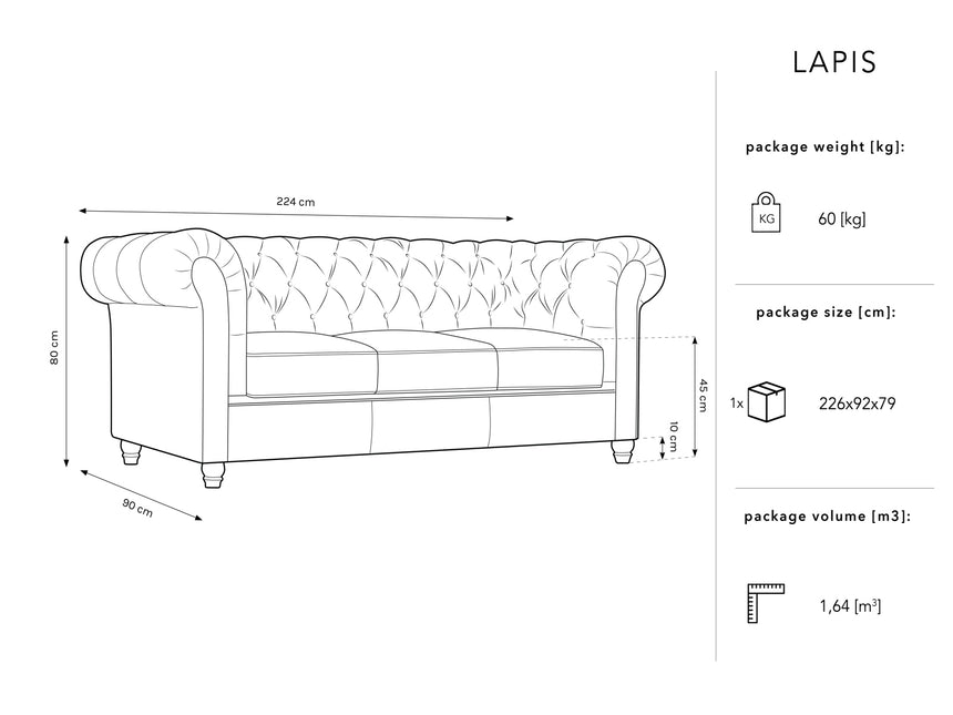 Velvet sofa, Lapis, 3 seats - Gray