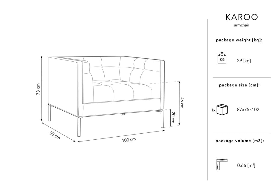 Velvet armchair, Karoo, 1 seat - Dark Grey