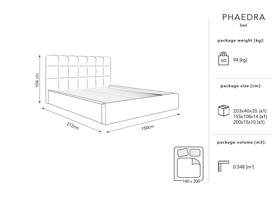 Storage bed with headboard, Phaedra, 212x150x104 - Beige