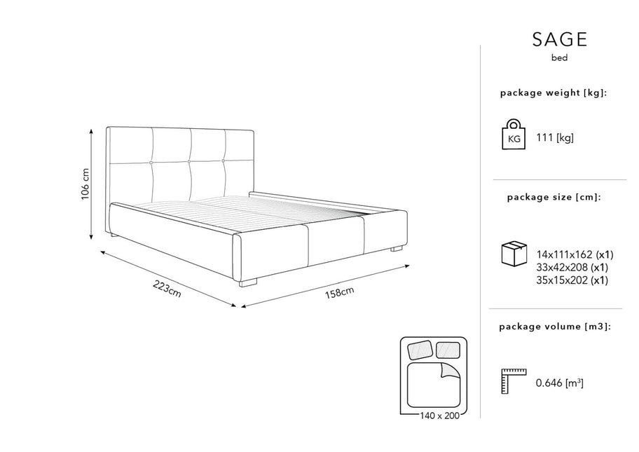 Storage bed with headboard, Sage, 223x158x106 - Black