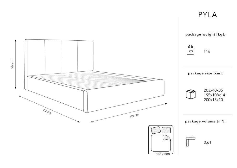 Storage bed with headboard, Pyla, 212x190x104 - Light gray