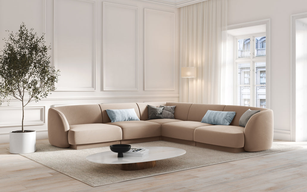 Velvet symmetrical corner sofa, Miley, 5 seats - Beige