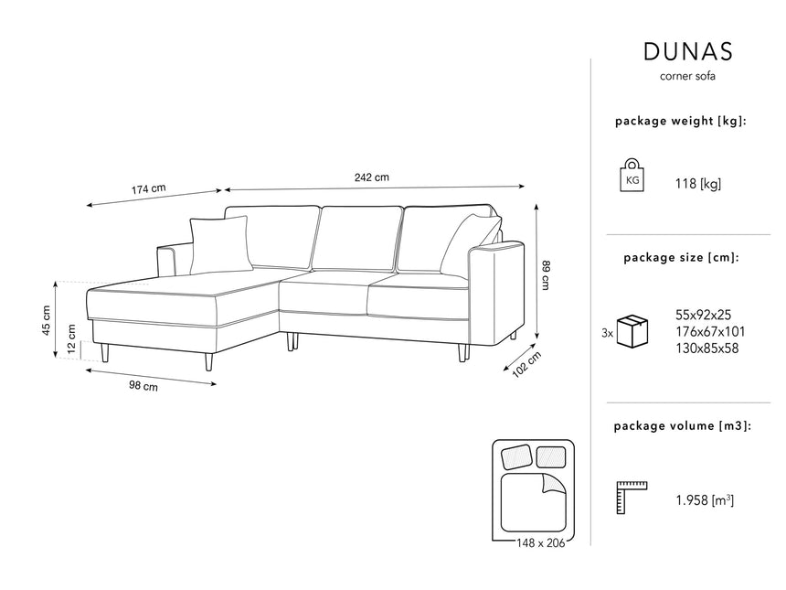 Left corner sofa with bed function and box, Dunas, 4 seats - Beige