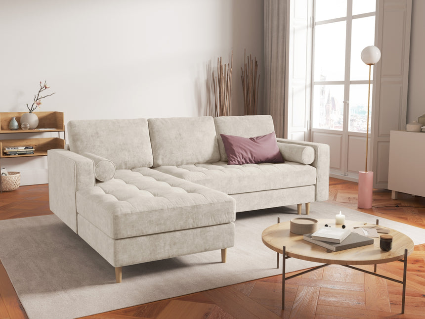 Left corner sofa with bed function and box, Gobi, 5-seater - Beige