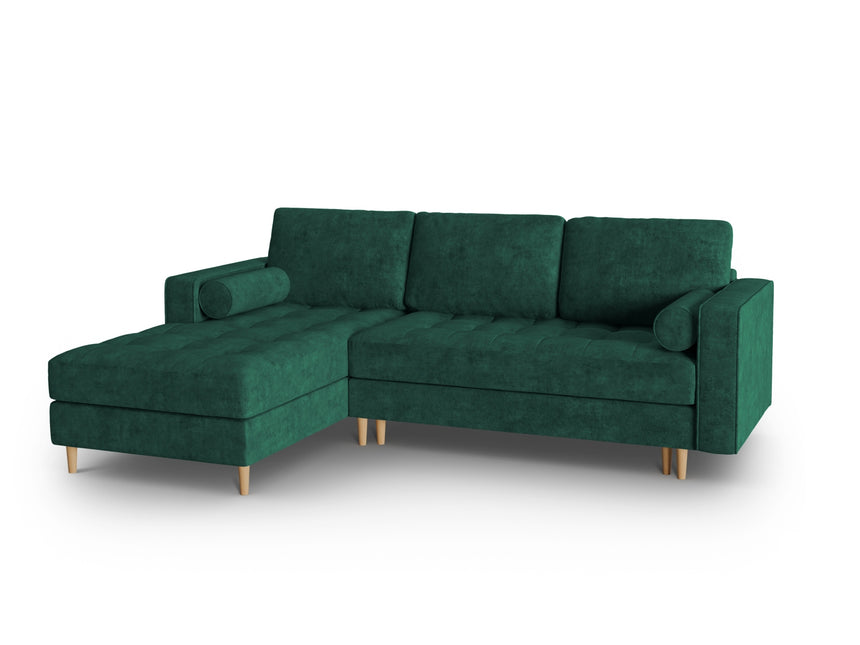 Left corner sofa with bed function and box, Gobi, 5-seater - Bottle green