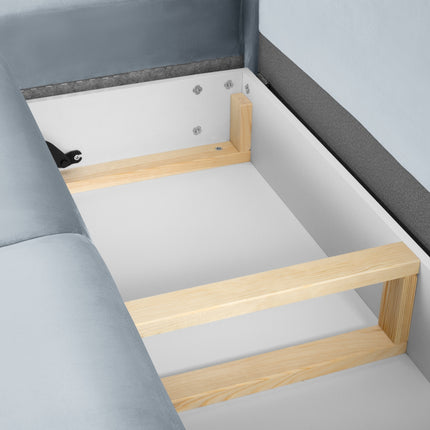 Fluweel hoekbank links met bedfunctie en box,  Moghan,  5 zitplaatsen - Lichtblauw