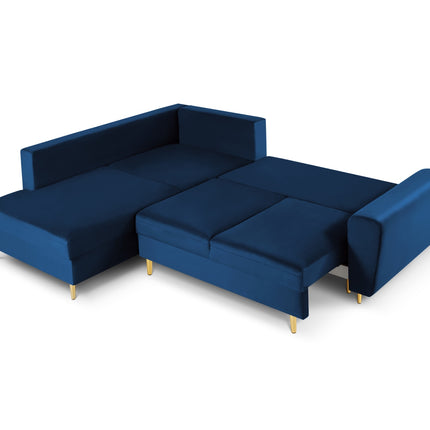 Fluweel hoekbank links met bedfunctie en box,  Moghan,  5 zitplaatsen - Koningsblauw
