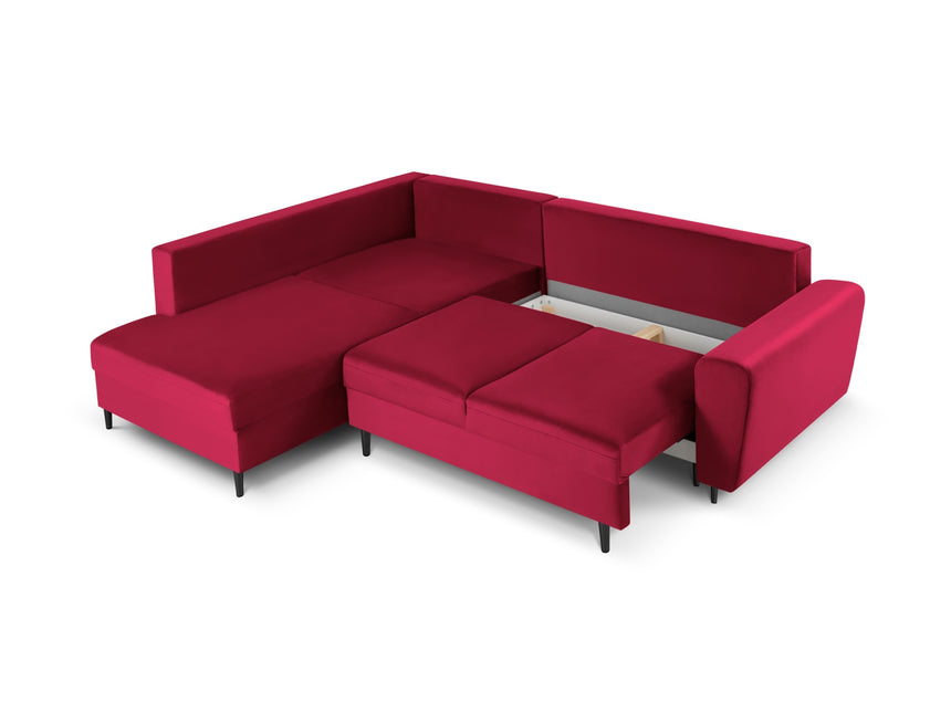 Velvet corner sofa left with bed function and box, Moghan, 5 seats - Red