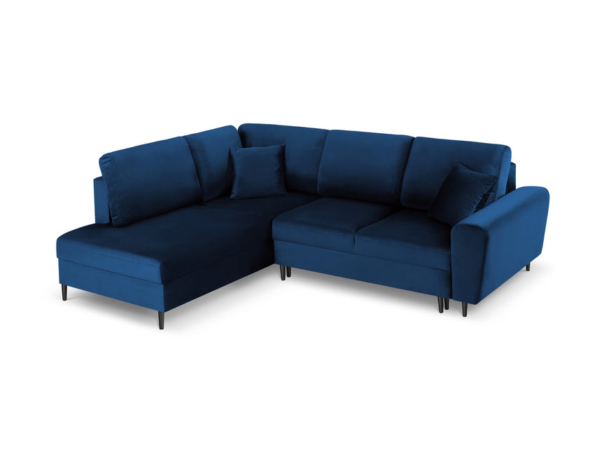 Velvet corner sofa left with bed function and box, Moghan, 5 seats - Royal blue