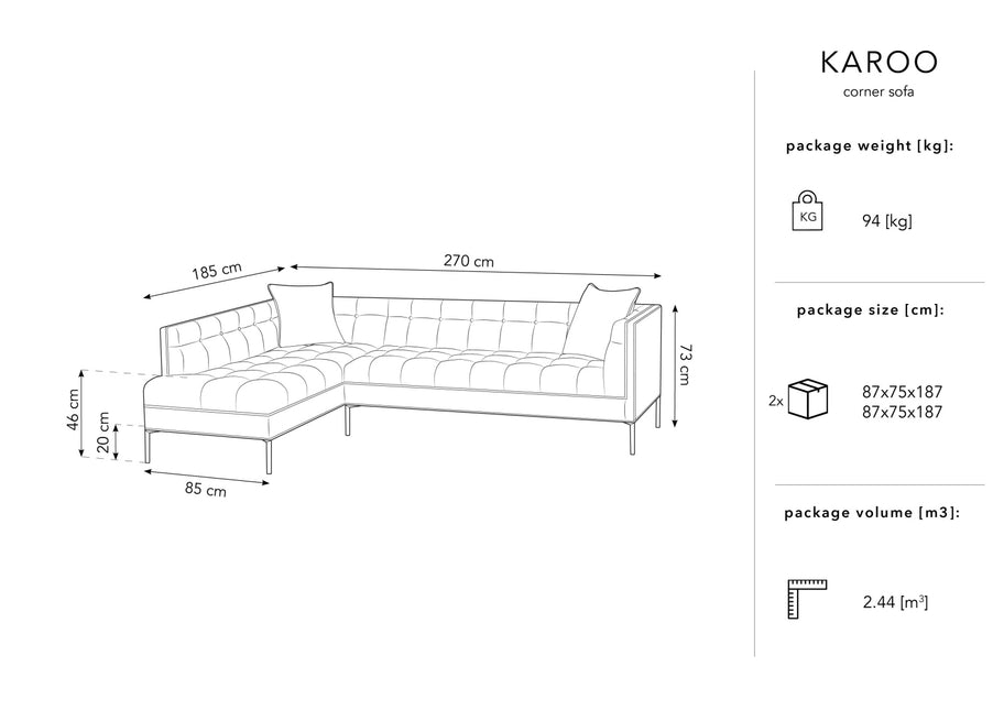 Corner sofa left velvet, Karoo, 5-seater - Light gray