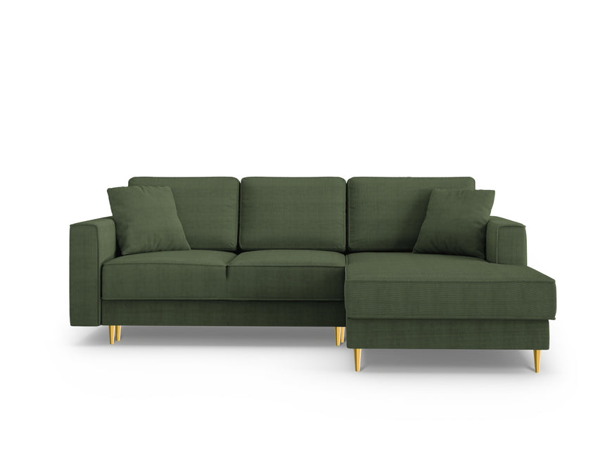 Right corner sofa with bed function and box, Dunas, 4 seats - Bottle green