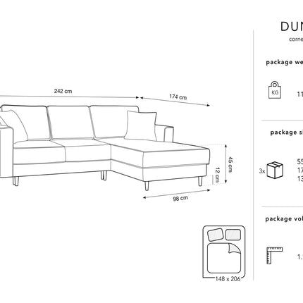 Right corner sofa with bed function and box, Dunas, 4 seats - Black