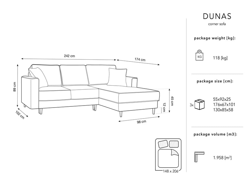 Right corner sofa with bed function and box, Dunas, 4 seats - Black