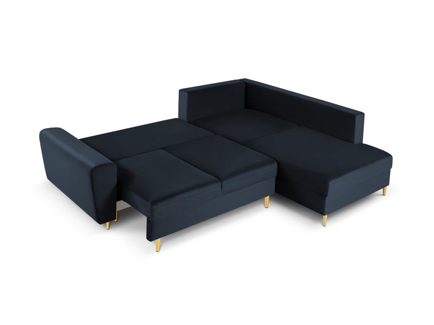 Velvet corner sofa right with bed function and box, Moghan, 5-seater - Dark blue