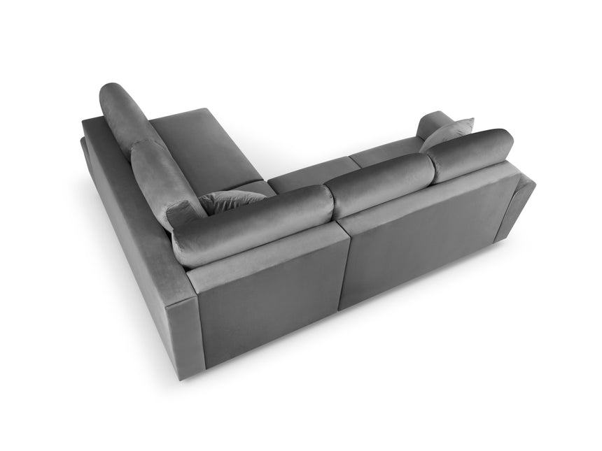 Velvet corner sofa right with bed function and box, Moghan, 5-seater - Light gray