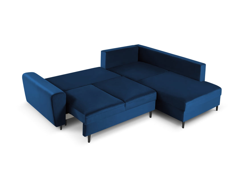 Velvet corner sofa right with bed function and box, Moghan, 5-seater - Royal blue
