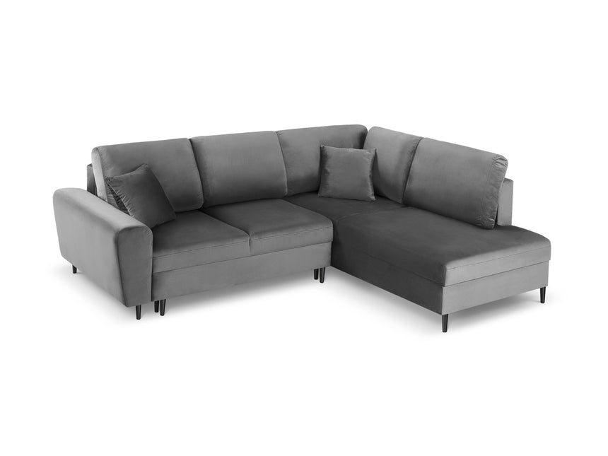 Velvet corner sofa right with bed function and box, Moghan, 5-seater - Light gray