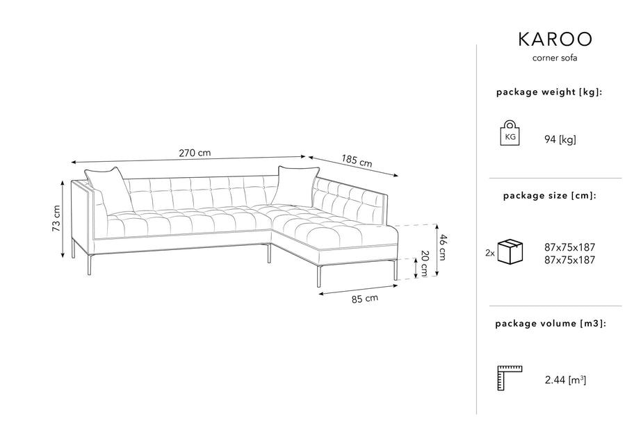 Right corner sofa velvet, Karoo, 5-seater - Beige