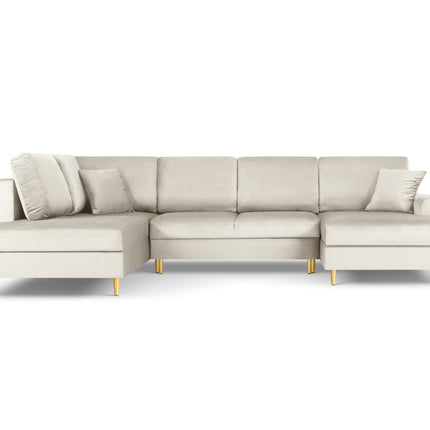 Panoramic corner sofa left velvet with box and sleeping function, Moghan, 7-seater - Light beige