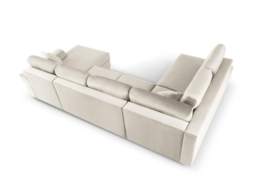 Panoramic corner sofa left velvet with box and sleeping function, Moghan, 7-seater - Light beige