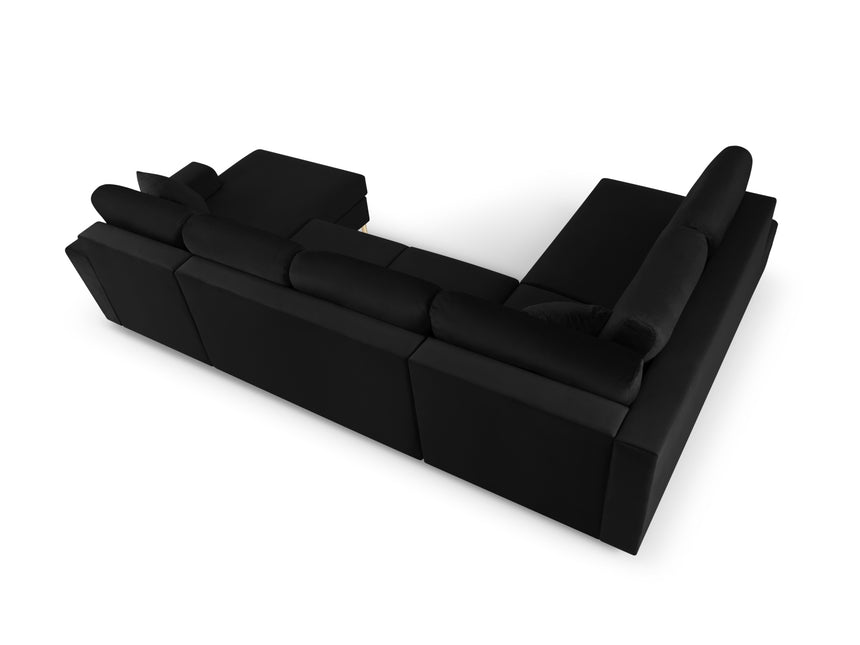 Panoramic corner sofa left velvet with box and sleeping function, Moghan, 7-seater - Black