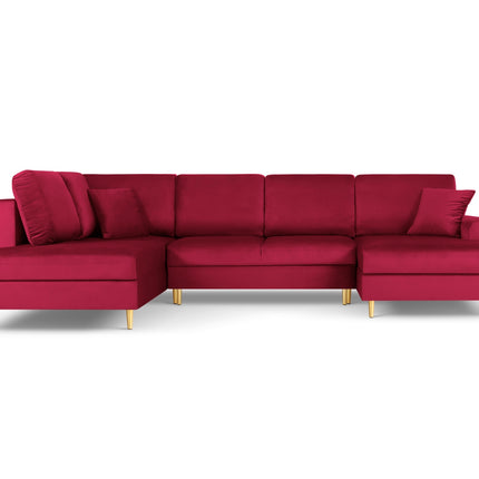 Panoramic corner sofa left velvet with box and sleeping function, Moghan, 7-seater - Red