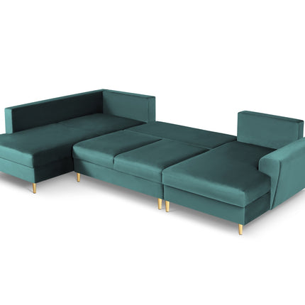 Panoramic corner sofa left velvet with box and sleeping function, Moghan, 7-seater - Blue